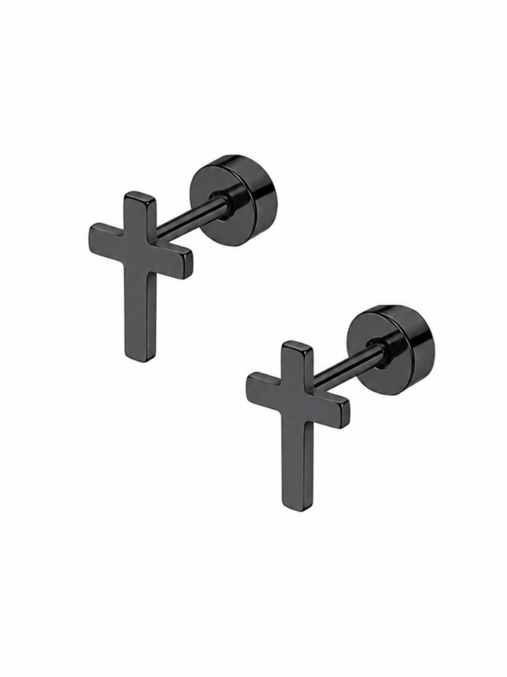 Tiny Black Cross Flat Back Stud Earrings 20G Stainless Steel